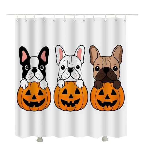 French Bulldog Pumpkin Shower Curtain - Halloween Cartoon Animal Design, 72x72 Inch - Variation of THIS listing