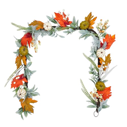 Autumn Fall Garland for Mantel 6ft Pumpkin & Maple Leaf Decor Indoor Outdoor