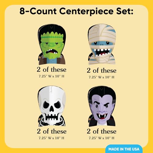 Halloween Monster Table Centerpieces Set of 8 - Skeleton, Dracula, Frankenstein & Mummy Party Decor