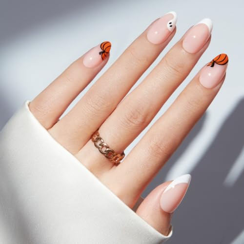 Modelones Halloween French Tip Press On Nails Short Almond Pumpkin Variant