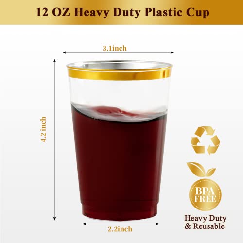 Disposable Plastic Drinking Cups 12 OZ Gold Rimmed Party Cups - 150 Pack - Gold-12oz