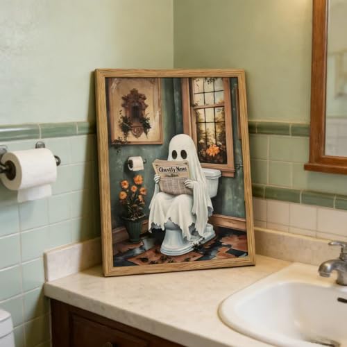 Ghost Reading Newspaper Canvas Wall Art - Framed Halloween Bathroom Decor - 16x12 Inches - Dark Academia Gothic Style