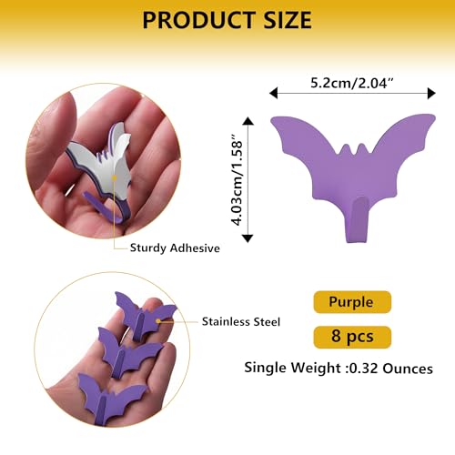 Bat Wall Hooks - 8-Pack Purple Adhesive Iron Hooks for Keys, Bags, Towels, Clothes
