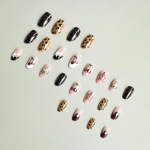 IMSOHOT Short Oval Press On Nails Brown Leopard Print with Cherry - Variation 92-02Brown