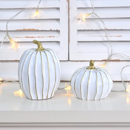White Fall Pumpkin Decor Set - 2 Resin Pumpkins with Gold Stems for Home