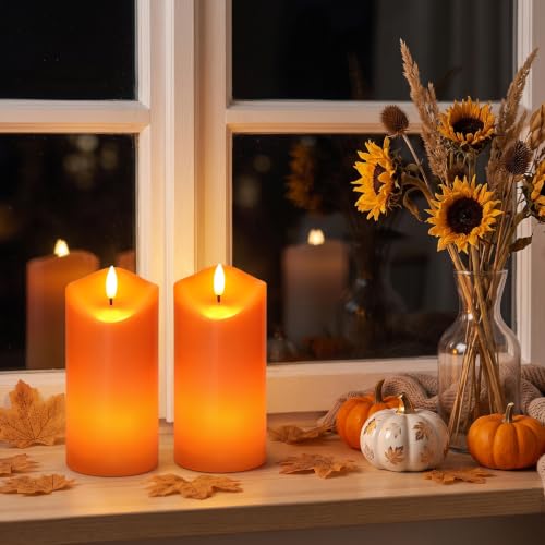 Fall Decorations Flameless Orange Pillar Candles with Remote - Seasonal Halloween & Thanksgiving