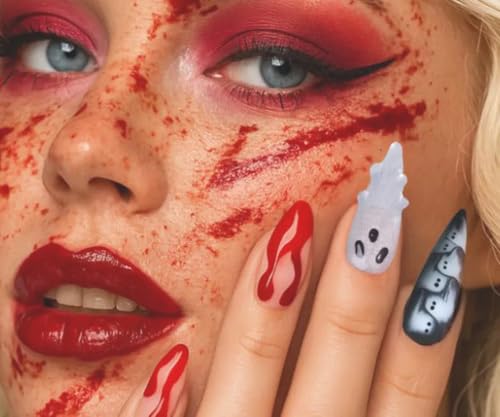 Halloween Ghost Fake Nails Set - Silver Glitter Almond Press On Nails with Cartoon Ghost Design - Variation 13