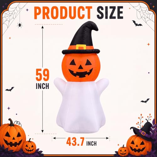 Pinkunn 5Ft Halloween Inflatable Pumpkin Ghost Decoration - Outdoor Scene, LED Light, Easy Setup, Variation: Pumpkin Ghost / 5ft