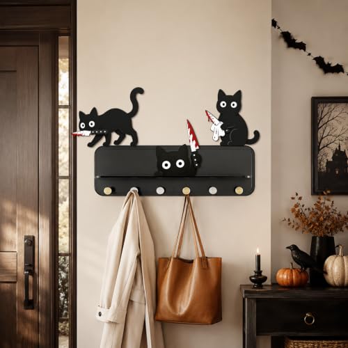 Halloween Wall Decor Set of 3 Black Cats with Knife - Spooky Wooden Party Decorations