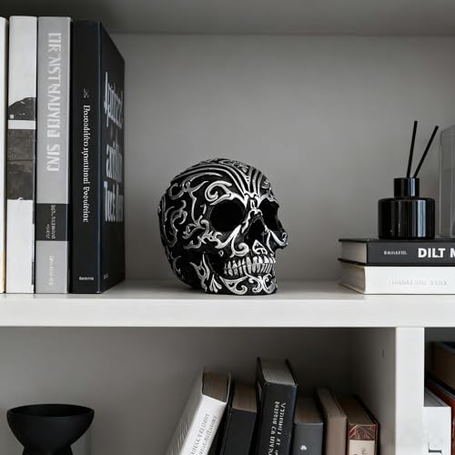 Gothic Skull Decor - 5.2 Inch Halloween Skeleton Head with Silver Patterns for Home & Office