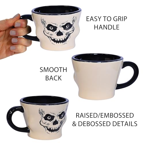 Vintage Halloween Ceramic Skull Mug with Black Handle - 12 Oz, Skeleton Face, Bone White & Black, Skull Variation