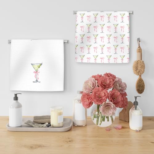 Bow Martini Decor Kitchen Towels Set of 2 - Pink Bow Martini Hand Towels