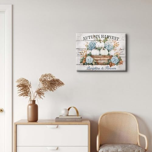 Fall Canvas Wall Art Farmhouse Pumpkins & Hydrangeas 16x12 Inches - Pumpkin02