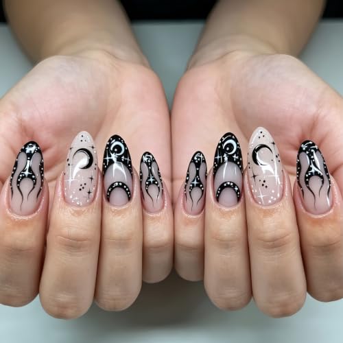 Gothic Press On Nails Set - Medium Almond Fake Nails with Black Moon & Flame Design, Style06
