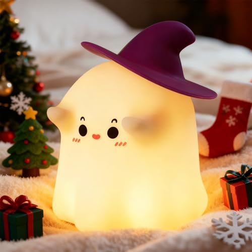 Ghost Night Light with Timer - Magician Warm White Squeeze Touch Lamp - Rechargeable and Dimmable Halloween Decor