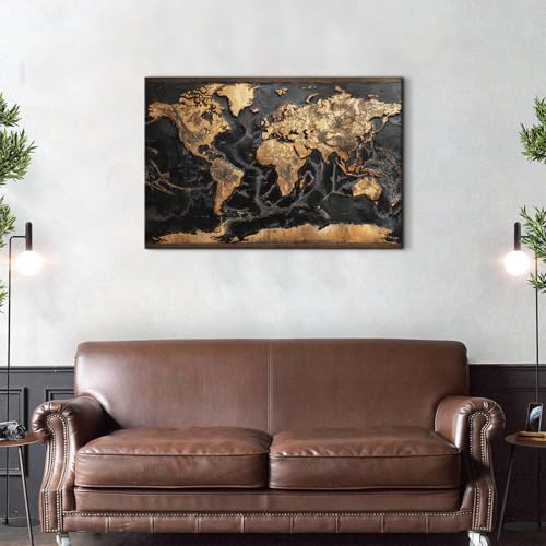 36L x 24W Black and Gold World Map Wall Art Canvas Print - Modern Office Decor
