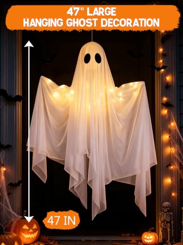 Halloween Ghost Decorations Outdoor Hanging Swing 47IN with LED Lights - Black+White, 2 Pack