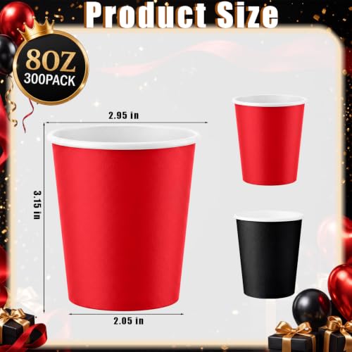 Disposable Paper Cups 8 oz Black and Red Set for Parties and Events - 300 Pack