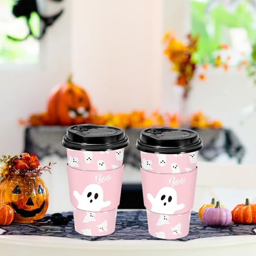 Pink Halloween Ghost Coffee Cups Set - 50 Pcs 16oz Disposable Cups with Lids & Sleeves