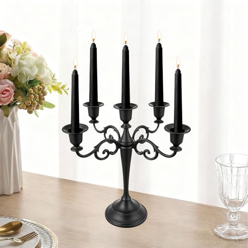 Matte Black 5-Arms Metal Candelabra Candle Holder - Vintage Gothic Taper Stand