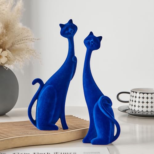 Navy Blue Cat Statue Couple Figurines - Modern Resin Table Decor for Living Room Office