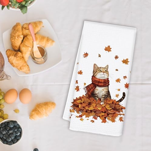 Fall Cat Kitchen Towels - Cat Maple Leaf Autumn Hand Towels for Kitchen & Bathroom - Variation of Cat Fall
