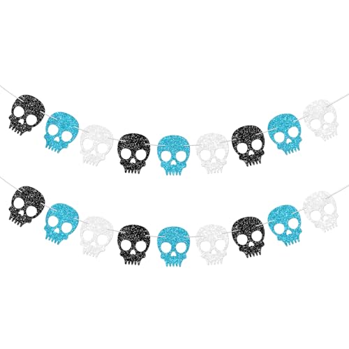 Blue Skull Garland for Halloween Party Decorations Gothic Birthday Banner - 2PCS