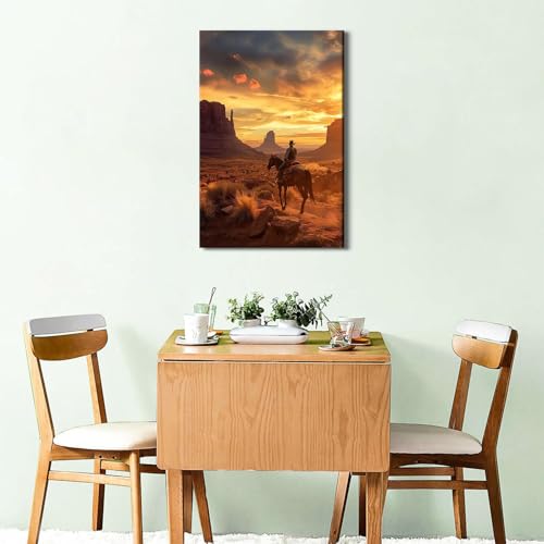 Western Cowboy Wall Art Desert Mountain Sunset Canvas Print - 16x24 Inches - Rustic Home Decor Variation of ZRCB13