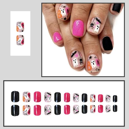 Halloween Short Square Press On Nails with Bat Spider Ghost Designs - Black & Pink 27