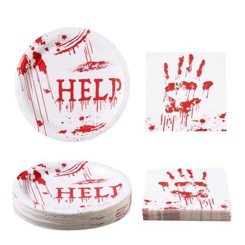 Halloween Party Plates and Napkins Set - Horror Theme Disposable Dinnerware for 24 Guests