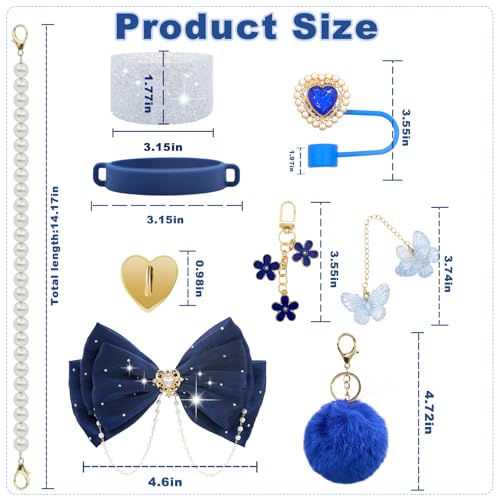 Navy Blue Bling Stanley Cup Accessories Set for 20/30/40 oz Tumblers with Handle & Glitter Bow