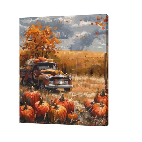 Fall Pumpkin Truck Wall Art Canvas - Farmhouse Autumn Decor for Bedroom & Living Room - 20x16