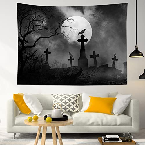 Halloween Tapestry Full Moon Black Crow Tombstone Dead Tree Wall Decor - 40x60 Inches - Black Variation