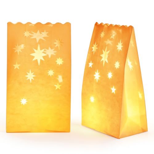 60 Pack White Fire-Resistant Luminary Bags with Star Pattern for Holidays & Events