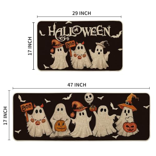 Halloween Ghost Bat Kitchen Mats Set of 2 - Black 17x29 & 17x47 Inches