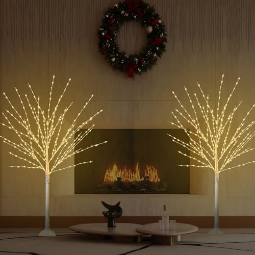 4Ft Lighted Birch Tree Set with 880 LEDs & 8 Modes - Indoor Outdoor Xmas Decor - 2 Pack
