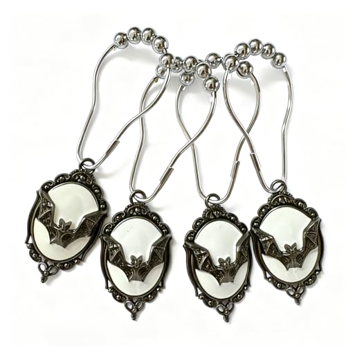 12-Pack Gothic Vampire Bat Shower Curtain Hooks Rings - White-Background Halloween Decor