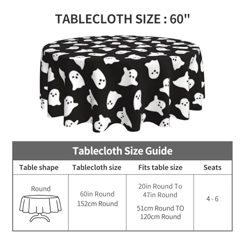 Halloween Round Tablecloth 60 Inch Black & White Ghost Design - Reusable Table Cover for Home & Parties - Cute Ghost Variation