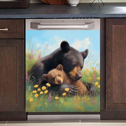Mama Bear and Cubs Dishwasher Magnet Cover - Magnetic Vinyl Kitchen Decor, 23 x 26 Inches