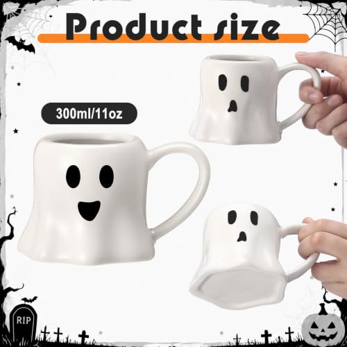 White Ghost Coffee Mug Set - 4 Pieces Halloween Ceramic Cups 11 oz - Ghost Face Design
