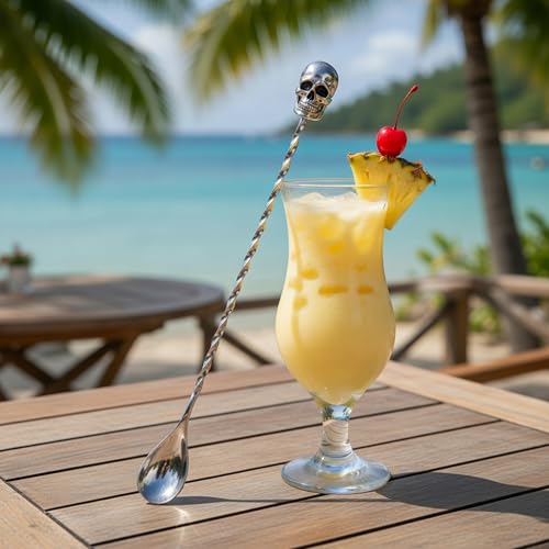 Skull 12-Inch Bar Spoon for Cocktail Mixing - Silver Handle, Homestia