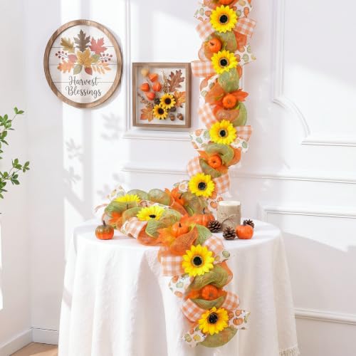 Sunflower Garland for Mantel & Fireplace - Fall Decor, 6ft, Pumpkin & Autumn Leaves, Variation CR26034S