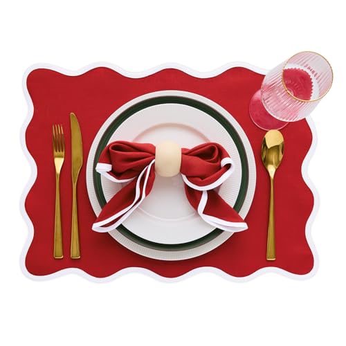 Christmas Red Linen Placemats Set of 4 - Scalloped Edge, 14 x 19 Inches