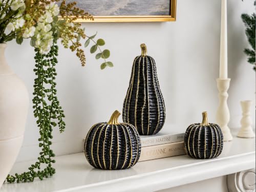 Black & Gold Resin Pumpkin Decorations Set - Halloween & Fall Decor