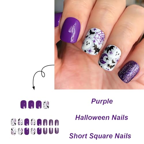 Halloween Short Square Press On Nails with Spider Web Ghost Bat Design - Style15