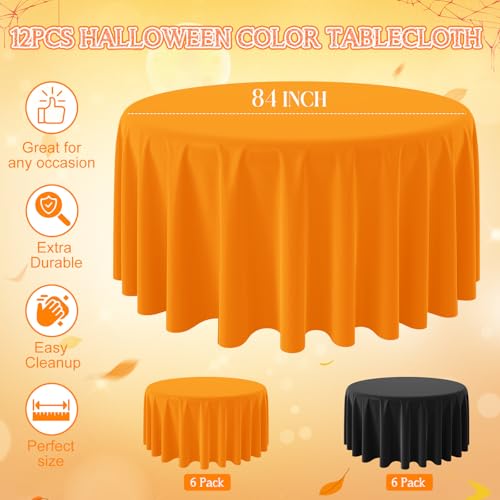 12Pcs Halloween Round Tablecloths - Orange & Black Plastic Covers, 84 Inch, Pack of 12