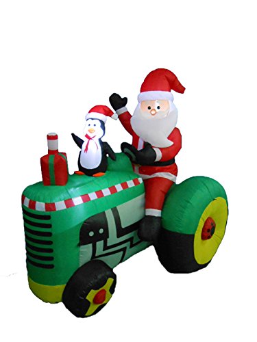 5.3 Ft Inflatable Christmas Santa Driving Tractor with Penguin Outdoor Decor