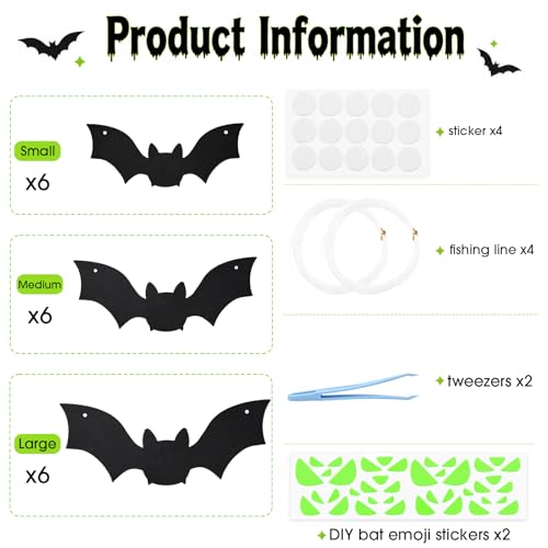 Halloween Bat Decorations Set with Glowing Eyes - 18 Pcs, Indoor Outdoor