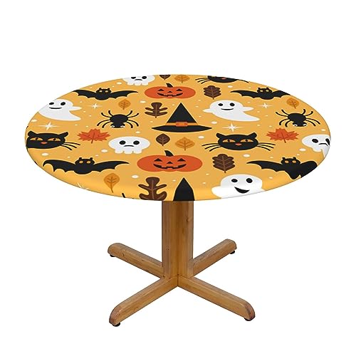 Halloween Ghost Pumpkin Round Fitted Waterproof Tablecloth - 44 Inch Elastic Edged for Indoor Outdoor Use