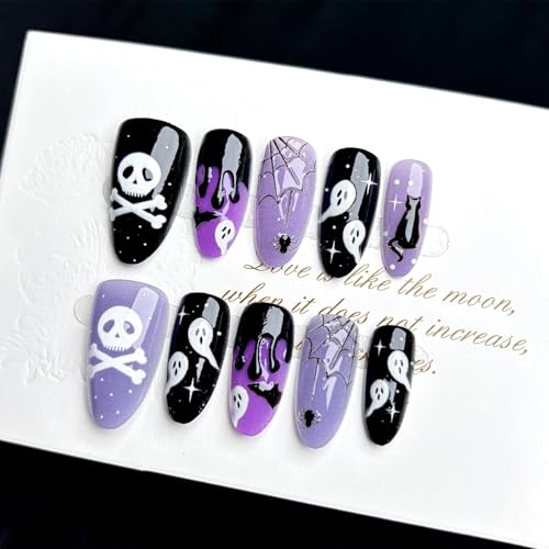 Gothic Bat Press On Nails - Halloween Fake Nails with Purple Glitter - Short Acrylic False Nails for Women - Variation: Gothic Bat 5